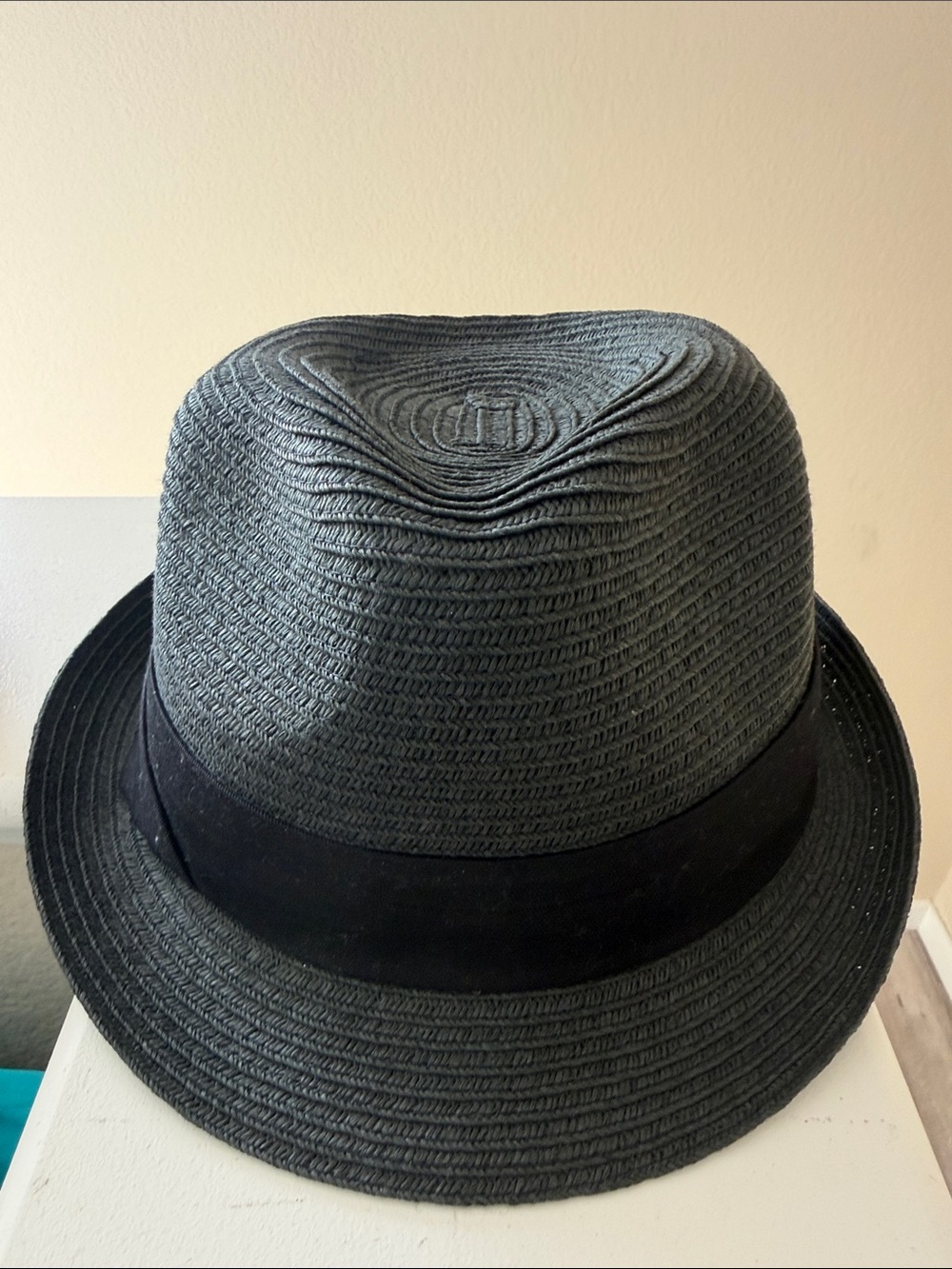 Textured Black Straw Fedora with Black Band. Non Branded.